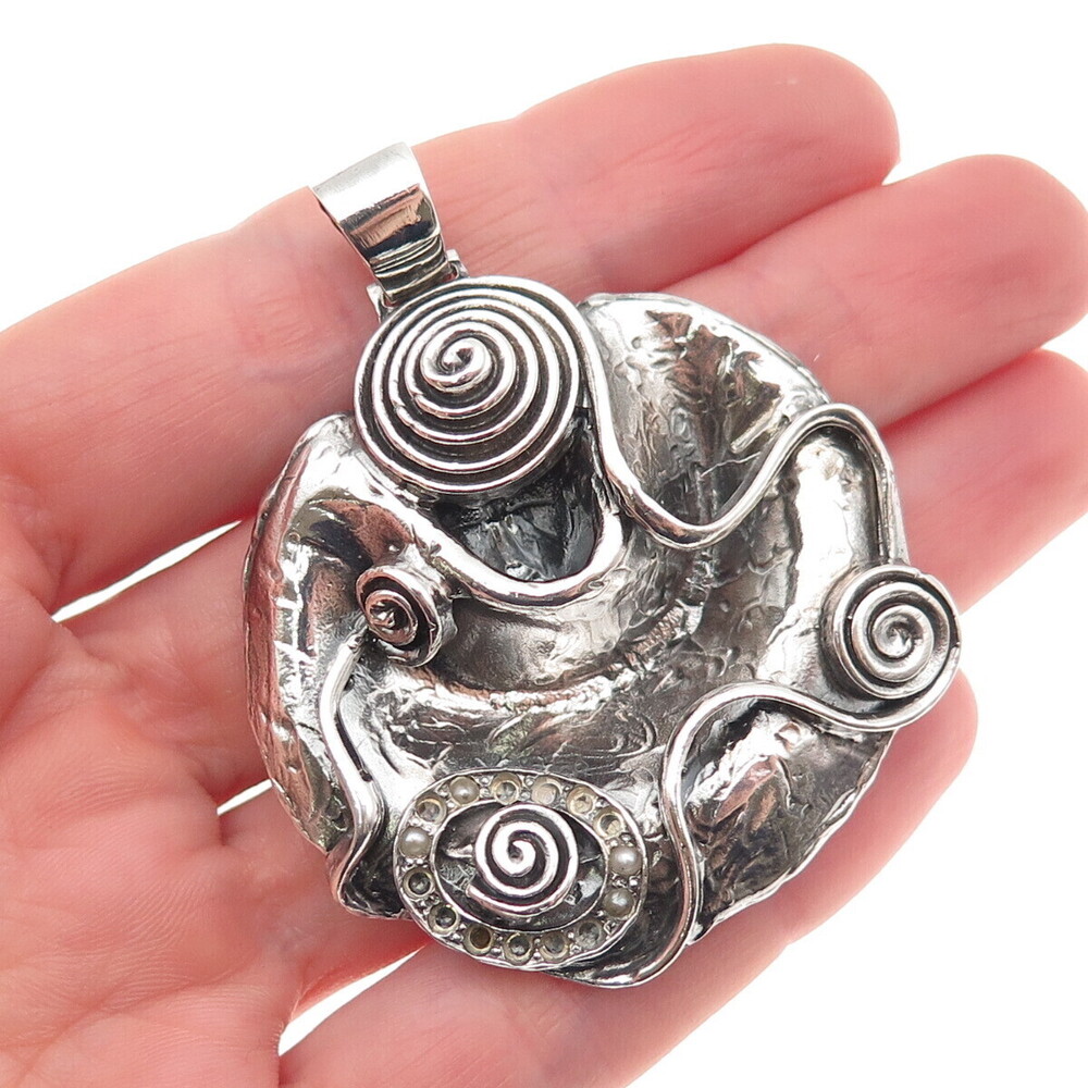 925 Sterling Vintage Portugal Pearl Modernist Spiral Pendant (missing 11 pearls)